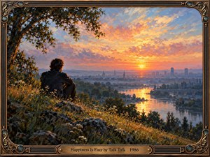 A solitary figure rests beneath a sprawling tree, overlooking a winding river and distant city at sunset. Golden light washes across the water beneath luminous pink, orange, and lavender clouds. Expressive oil brushwork creates a peaceful, contemplative atmosphere, enclosed within an ornate bronze musical frame with an engraved title plate.