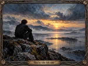 A solitary figure sits on rugged rocks overlooking a misty lake beneath dramatic storm clouds. Golden sunset light breaks through the blue-gray atmosphere, reflecting across still water and distant mountains. Expressive oil brushwork conveys isolation, bitterness, and contemplation. An ornate metallic frame surrounds the scene, with an engraved brass title plate.