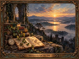 An atmospheric oil painting depicts ancient ivy-covered ruins overlooking a misty river valley at sunset. Weathered books, an open botanical journal, and an antique pocket watch symbolize memory and passing time. Golden light illuminates distant mountains beneath lavender clouds, while an ornate bronze frame enhances the contemplative, nostalgic mood.
