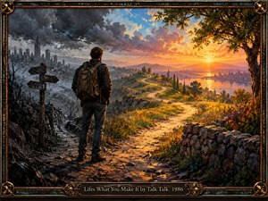 A lone traveler stands at a crossroads between a stormy, ruined city and a radiant golden landscape. A winding path leads toward a glowing sunset, symbolizing hope and possibility. Rich oil brushwork, dramatic clouds, wildflowers, and warm light create emotional contrast, enclosed within an ornate metallic frame and engraved title plate.