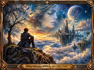 A solitary figure sits beneath a twisted tree, contemplating a surreal world of floating cities, celestial bodies, and luminous clouds. A ghostly womans face dominates the dramatic sky, evoking longing and emotional distance. Rich blues and golden light illuminate this intricate painterly fantasy, enclosed within an ornate bronze frame.