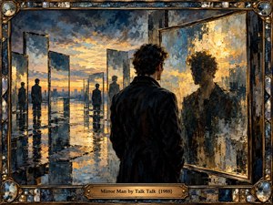 A solitary man confronts his shadowy reflection among towering mirrors stretching toward a distant city skyline. Golden sunset light washes across wet reflective surfaces beneath a turbulent blue-gray sky. Rich oil brushstrokes create an atmosphere of fractured identity and introspection, enclosed by an ornate bronze and blue Art Deco frame.