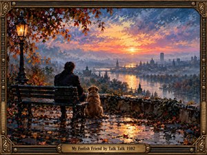 A solitary man and his loyal dog overlook a misty riverside city at sunset. Golden reflections shimmer across rain-soaked cobblestones beneath autumn foliage and a glowing streetlamp. Expressive oil brushwork blends lavender skies, amber light, and deep shadows, creating a nostalgic atmosphere. An ornate musical frame completes the composition.