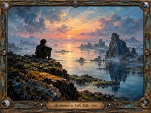 A solitary figure sits on a rugged coastal cliff, contemplating a tranquil sea dotted with towering rock formations. Golden sunset light illuminates misty waters beneath dramatic blue and lavender clouds. Richly textured oil painting conveys introspection and solitude, enclosed within an ornate weathered bronze and turquoise frame with engraved lettering.