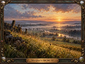 A luminous oil painting captures a peaceful valley beneath a golden sunset, with rolling hills, drifting mist, and a winding river reflecting warm amber light. Wildflowers, weathered stones, and rustic fences enrich the foreground. An ornate bronze botanical frame and engraved title plate complete the serene, contemplative landscape.