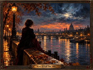 A solitary woman overlooks a moonlit river and glowing city skyline beneath dramatic blue and crimson clouds. Golden streetlamps illuminate wet cobblestones and autumn leaves, while shimmering reflections evoke longing and nostalgia. Rich oil painting textures and an ornate bronze musical frame enhance the romantic, melancholic atmosphere.