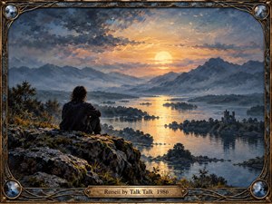 A solitary figure sits on a rocky hillside overlooking a misty lake, distant mountains, and ancient ruins beneath a glowing sunset. Golden reflections shimmer across tranquil waters, contrasting with deep blue shadows and textured clouds. Expressive oil brushwork creates a contemplative atmosphere, enclosed within an ornate bronze frame with engraved lettering.