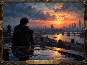 A solitary figure sits on a rain-soaked London rooftop, contemplating a dramatic sunset over the Thames. Fiery orange and gold light contrasts with brooding blue-gray clouds and shadowed architecture. Expressive oil brushwork creates emotional depth and melancholy. An ornate black and gold frame completes the atmospheric composition.