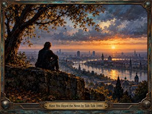 A solitary figure sits beneath an autumn tree, overlooking a sprawling riverside city at sunset. Golden reflections shimmer across the water beneath dramatic blue-gray clouds. Rich oil brushwork creates a contemplative, nostalgic atmosphere. An ornate bronze frame with geometric corners and an engraved title plate completes the composition.