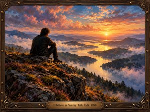 A solitary traveler sits on a rocky cliff overlooking misty mountains and a winding golden river at sunset. Warm orange, lavender, and blue clouds illuminate the peaceful landscape, evoking reflection and hope. Rich oil painting textures enhance the atmosphere, while an ornate bronze musical frame and engraved title plate complete the composition.