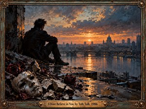 A solitary man sits above a rain-soaked river, overlooking a distant city beneath a fiery orange sunset and turbulent blue-gray clouds. Broken theatrical masks and withered roses symbolize shattered trust and disillusionment. Expressive oil brushwork, shimmering reflections, and dramatic lighting create melancholy, framed by weathered bronze ornamentation and an engraved brass title plate.