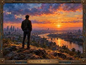 A solitary man stands on a rocky overlook above a sprawling riverside city at sunset. Fiery orange and gold light illuminates bridges, rooftops, and shimmering water beneath dramatic violet clouds. Expressive oil brushwork creates a reflective, independent mood, while an ornate bronze frame and engraved title plate complete the composition.