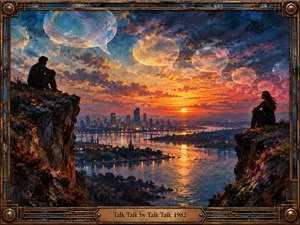 Two solitary figures sit on opposing cliffs above a glowing riverside city at sunset. Translucent speech bubbles drift through dramatic blue, orange, and violet clouds, symbolizing fractured communication. Rich painterly textures, shimmering reflections, and cinematic lighting create a wistful atmosphere. An ornate metallic frame surrounds the scene.