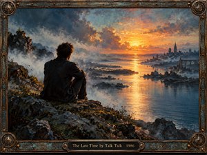 A solitary figure sits upon a rugged cliff overlooking a misty river and distant city beneath a glowing sunset. Golden reflections illuminate the water, contrasting with stormy blue-gray clouds and shadowed rocks. Expressive oil brushwork creates a contemplative atmosphere, enclosed within an ornate, weathered bronze frame with compass ornaments and engraved title plate.