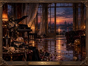 An abandoned ballroom glows beneath a violet and amber sunset overlooking a distant city. Scattered flowers, balloons, and champagne glasses reflect across the polished floor beside a grand piano. Rich shadows, delicate curtains, and warm lamplight create wistful melancholy. Expressive oil brushwork and an ornate bronze frame complete the scene.