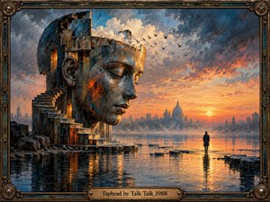 A monumental weathered stone head rises beside a reflective river, its fractured crown and winding staircase suggesting memory and introspection. A solitary figure faces a glowing sunset beneath dramatic blue and orange clouds. Distant domes, circling birds, shimmering reflections, and an ornate bronze frame complete this atmospheric surrealist painting.
