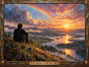 A solitary figure sits on a rocky hillside overlooking a winding river and distant mountains beneath a luminous rainbow. Golden sunset light illuminates dramatic violet and orange clouds, creating a reflective, hopeful atmosphere. Rich painterly textures, delicate wildflowers, and an ornate bronze frame complete the sweeping landscape.