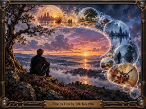 A solitary figure overlooks a misty valley beneath a glowing sunset, surrounded by floating spheres containing fragments of memory, distant cities, and passing seasons. Warm amber, violet, and midnight blue tones enrich the dreamlike painted landscape. An ornate bronze musical frame and engraved title plate complete the nostalgic composition.
