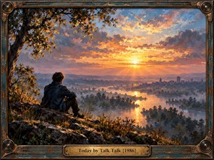 A solitary figure overlooks a winding river and distant city beneath a radiant sunset. Golden sunlight illuminates dramatic orange, pink, and blue clouds, contrasting with shadowed trees and rocky terrain. Expressive oil painting textures evoke nostalgia and contemplation, while an ornate bronze and teal frame completes the atmospheric composition.