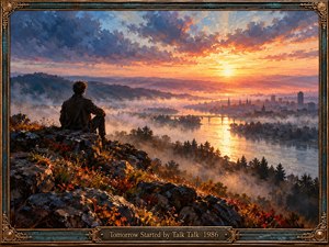 A solitary figure sits on a rocky hillside overlooking a misty river, distant bridges, and a sleeping city beneath a brilliant sunrise. Rich orange and gold light contrasts with deep blue clouds, creating a reflective, bittersweet atmosphere. Expressive oil brushwork and an ornate bronze frame complete the cinematic composition.