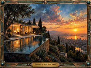 A luxurious glass-walled hillside residence overlooks a sprawling coastal city at sunset. Golden light illuminates an infinity pool beneath dramatic blue and orange clouds. Lush trees frame the tranquil scene, rendered in richly textured painterly strokes. An ornate bronze and turquoise frame with an engraved title plate completes the composition.