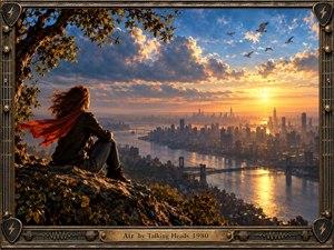A windswept figure overlooks a sprawling riverside city beneath dramatic sunset clouds, creating a mood of restless contemplation and expansive freedom. Golden light reflects across the water while birds cross the blue-orange sky. An ornate industrial frame of strings, metal, rivets, and lightning motifs reinforces the artworks rhythmic, atmospheric character.