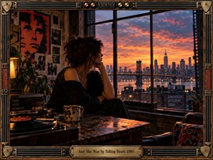 A thoughtful woman sits beside a turntable in a weathered urban loft, gazing through tall windows toward a glowing city skyline and bridge at sunset. Warm amber light, deep shadows, vintage posters, plants, records, and worn furnishings create a dreamy, reflective New Wave atmosphere framed by ornate musical metalwork.