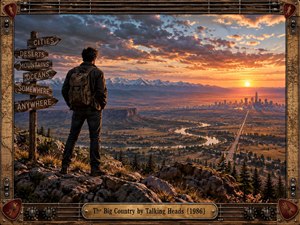 A lone traveler overlooks a vast sunset landscape of winding rivers, highways, distant city towers, and rugged mountains. Weathered signposts point toward imagined destinations, creating a mood of restless observation and detachment. Warm orange light contrasts with deep blue clouds, while an elaborate guitar-inspired frame adds tactile musical character.