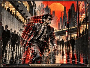 A suited man strides through a rain-slicked futuristic city as his body fractures into red, black, and gray geometric shards. Crowds fill glass office towers beneath an oppressive orange sun, creating a tense, feverish mood. Harsh reflections, surveillance-like details, and graphic digital collage textures intensify the sense of pressure and motion.
