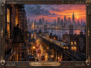 A rain-slicked city glows beneath a fiery orange and violet sunset, with bridges, skyscrapers, elevated trains, and crowded streets creating restless urban energy. A solitary figure and cat watch from a shadowed fire escape. Rich painterly detail, warm window light, reflections, and an industrial bronze frame evoke fascination, isolation, and metropolitan tension.