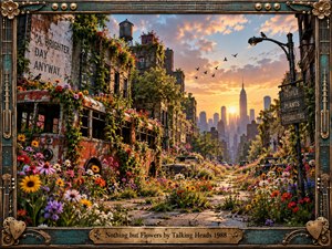A flower-filled city street stretches toward a glowing skyline as vines, trees, and wild blooms reclaim abandoned buses, cars, and weathered buildings. Warm sunset light creates a hopeful yet nostalgic mood, while teal, bronze, red, gold, and green tones enrich the cinematic realism. An ornate musical frame completes the composition.