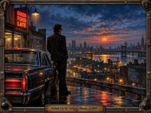 A solitary man stands beside a rain-slicked vintage car overlooking an industrial waterfront and glowing city skyline at sunset. Deep blues, fiery orange clouds, neon signs, and shimmering reflections create restless urban optimism. Painterly detail, dramatic lighting, bridges, warehouses, and an instrument-inspired metal frame evoke energetic late-1970s city life.