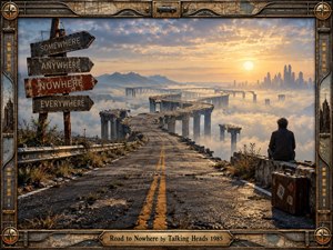 A cracked highway winds across ruined viaducts above a sea of mist toward a distant city glowing beneath a golden sunset. Weathered signposts point toward everywhere and nowhere as a lone traveler waits beside a vintage suitcase. The cinematic scene blends melancholy, uncertainty, surreal optimism, and richly textured retro-industrial detail.