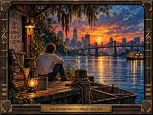 A contemplative man sits on a weathered riverside dock at sunset, overlooking a glowing city skyline, steel bridge, and illuminated riverboat. Rich orange, blue, and gold reflections create a nostalgic mood. A lantern, guitar case, ropes, rowboat, musical symbols, and ornate vintage frame enrich the detailed painterly scene.