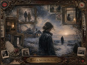 A solitary woman stands in a wintry coastal landscape while a distant figure faces the cold horizon, surrounded by fading framed memories. Muted blues, charcoal grays, sepia browns, and soft amber light create a sorrowful, reflective mood. Ornate rosewood framing, photographs, records, roses, and musical details deepen the nostalgic, painterly atmosphere.