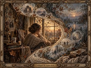 A wistful young woman in a chunky cardigan sits by a glowing autumn window, surrounded by books, dried flowers, and soft lace. An S-curving stream of translucent memory bubbles drifts through the scene, revealing tender past moments. Warm amber light, cool misty blues, ornate framing, and richly textured mixed-media detail create a nostalgic, intimate mood.