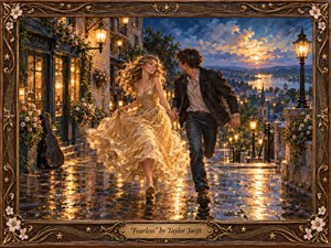 A joyful young couple runs hand in hand along a rain-slick, flower-lined hillside street, glowing beneath lamplight and a radiant sunset. Warm golds and deep blues shimmer across reflective cobblestones, while an ornate carved frame and title plate enhance the romantic, painterly oil style and richly textured, cinematic atmosphere.