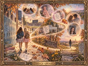 Two teenage girls walk beside school lockers into a glowing autumn landscape, where a luminous S-curve carries memories of friendship, romance, uncertainty, and growing confidence. Warm gold, amber, rose, and blue tones create a nostalgic mood. Painterly textures, soft evening light, floating memory bubbles, wildflowers, and an ornate musical frame enrich the handcrafted composition.