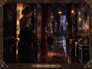 A glamorous woman in a black evening gown pauses in a shadowed theater corridor, watching a distant figure through rain-streaked windows. Deep burgundy curtains, polished wood, brass details, and warm amber lamps create secretive tension. The cinematic, painterly scene blends noir romance, backstage mystery, reflective surfaces, and richly crafted vintage ornament.