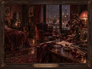A rain-darkened apartment glows in deep maroon, burgundy, bronze, and amber tones, overlooking a glittering city skyline. A wine glass, wilted roses, scattered records, letters, and rumpled fabrics suggest lingering memory and loss. Rich painterly textures, reflective surfaces, candlelight, and an ornate wooden frame create intimate melancholy.
