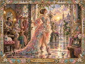 A radiant woman in an elaborate pastel gown stands within a lavish garden salon opening onto a glowing European cityscape. Golden sunset light, flowers, butterflies, stained glass, piano keys, ornate mirrors, and gilded details create a whimsical, romantic mood. The richly layered composition blends fantasy realism, theatrical elegance, and handcrafted decorative opulence.
