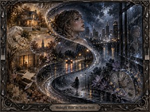 A solitary woman emerges within a sweeping S-curve of rain and memory, surrounded by moonlit city streets, glowing houses, flowers, clocks, and softened reflections. Deep blues, charcoal blacks, and warm amber lights create a wistful midnight atmosphere. Painterly textures, luminous water, and an ornate metal frame heighten the dreamlike melancholy.