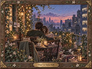 A young couple sits close together on a flower-filled city balcony at twilight, wrapped in warm lamplight and string lights against a cool blue-purple skyline. Rich gouache and colored-pencil textures create a handcrafted, romantic mood, while ivy, candles, tea, a sleeping cat, and an ornate floral frame deepen the intimate atmosphere.