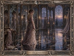 A solitary woman in a gauzy, rose-gray gown stands in a grand mirror hall at dusk, holding a bow amid fractured reflections and scattered feathers. Cool blue-violet shadows mingle with warm candlelight, creating a tense, wistful mood. Rendered like a richly textured romantic oil painting, the scene feels elegant, haunted, and deeply introspective.