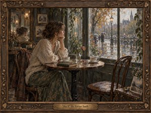 A wistful woman sits alone beside a rain-streaked cafe window, facing an empty chair and untouched coffee. Soft autumn streets glow beyond the glass while muted creams, moss greens, browns, and faded golds create a reflective mood. Painterly textures, worn wood, trailing vines, and a bronze-accented frame deepen the nostalgic atmosphere.