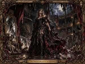 A defiant woman in a torn black and crimson gown commands a ruined Victorian theater, surrounded by shattered mirrors, roses, ravens, a caged lion, and ghostly spectators. Storm lightning and candlelight cut through deep charcoal, tarnished gold, and blood-red tones, creating a fierce, haunted oil-painted atmosphere of vengeance, survival, and theatrical menace.