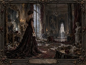 A solitary woman in a dark, tattered gown stands within a ruined grand ballroom, facing a distant silhouetted man. Cracked mirrors, scattered letters, wilted roses, shattered glass, and fallen furniture deepen the betrayal and abandonment. Muted burgundy, black, bronze, and gray tones glow beneath cold window light and fading candlelight.