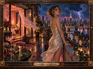 A windswept woman in a shimmering ivory dress stands on a rain-soaked rooftop above a glowing city, framed by roses, lanterns, and storm clouds. Warm amber interiors contrast with electric blue skies and distant lightning, creating romantic tension. Painterly textures, reflective surfaces, scattered petals, and intimate details heighten the feverish summer-night atmosphere.