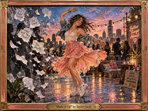 A joyful young woman twirls across a glowing rooftop at sunset, her pink skirt and loose denim jacket caught in motion as torn words of criticism scatter behind her. Warm city lights, neon accents, and reflective rain-slick pavement create a vibrant, liberating mood in this richly textured mixed-media painting, framed with decorative musical detail.