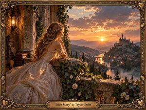 A young woman in an ivory lace gown gazes from an ivy-covered stone balcony toward a glowing hilltop castle and winding river at sunset. Warm amber light, soft clouds, roses, lanterns, books, and a guitar create a romantic fairy-tale mood, framed by ornate antique gold detailing and elegant cinematic realism.